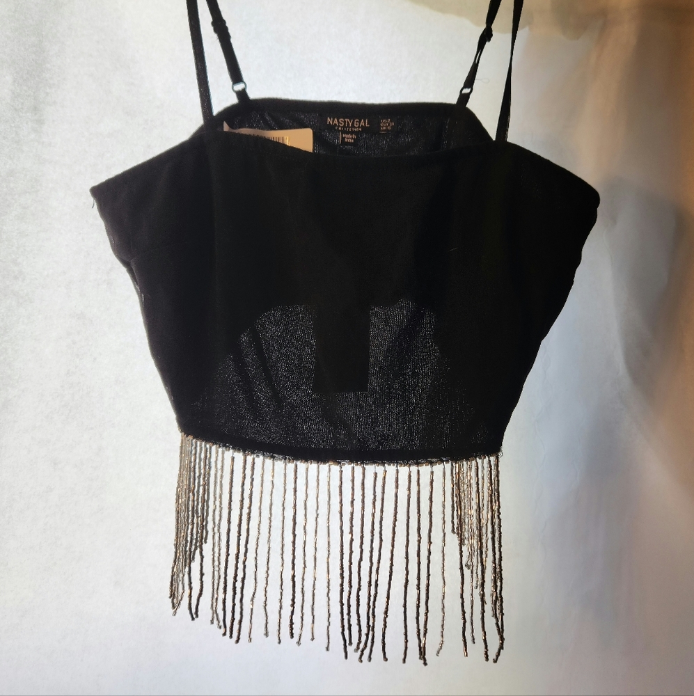 Black Spaghetti Strap Cami with Silver Beaded Fringe Size 2 by Nasty Gal